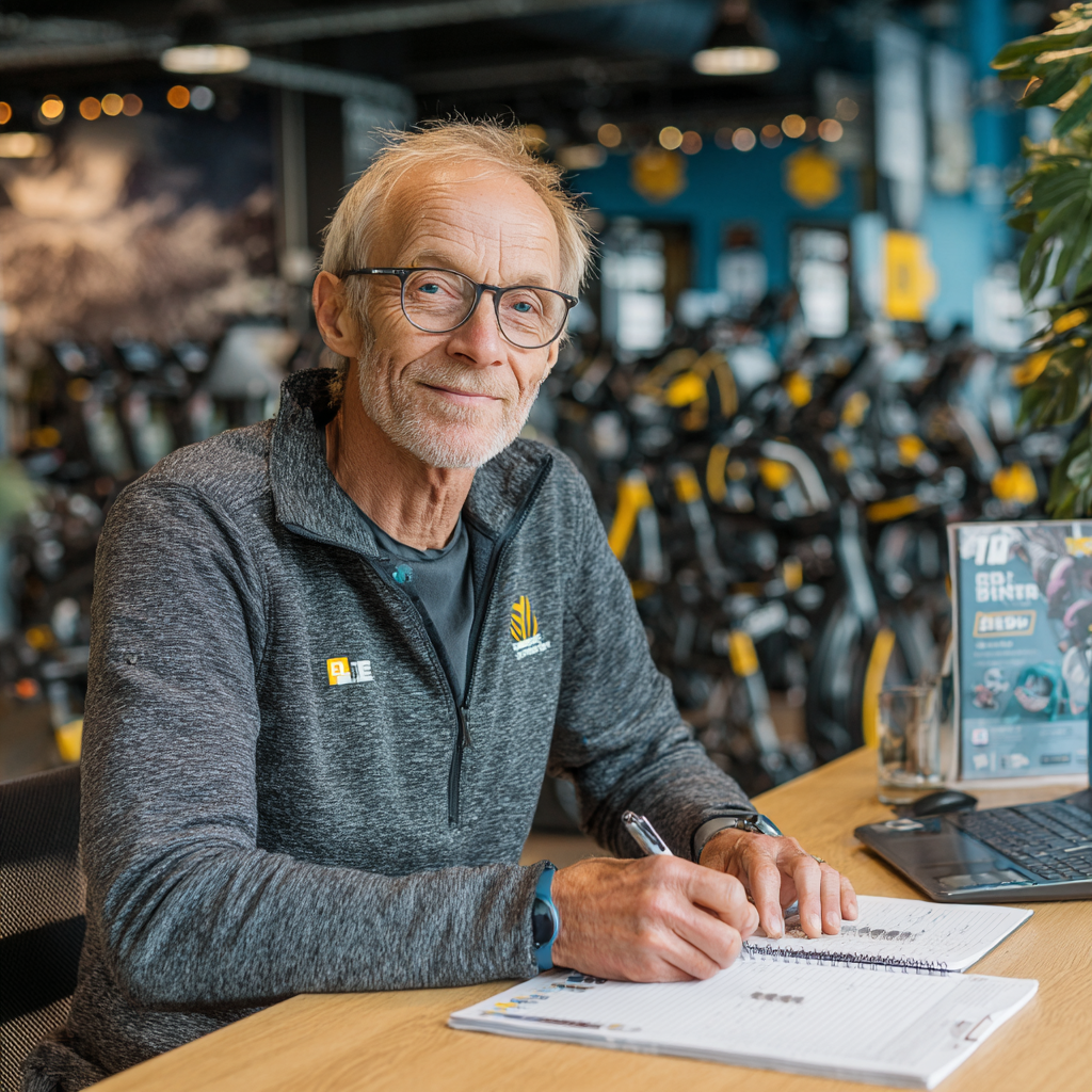 Привітна адміністраторка 55 років за стійкою ресепшену в сучасному фітнес-центрі, готова допомогти новим клієнтам з записом на тренування