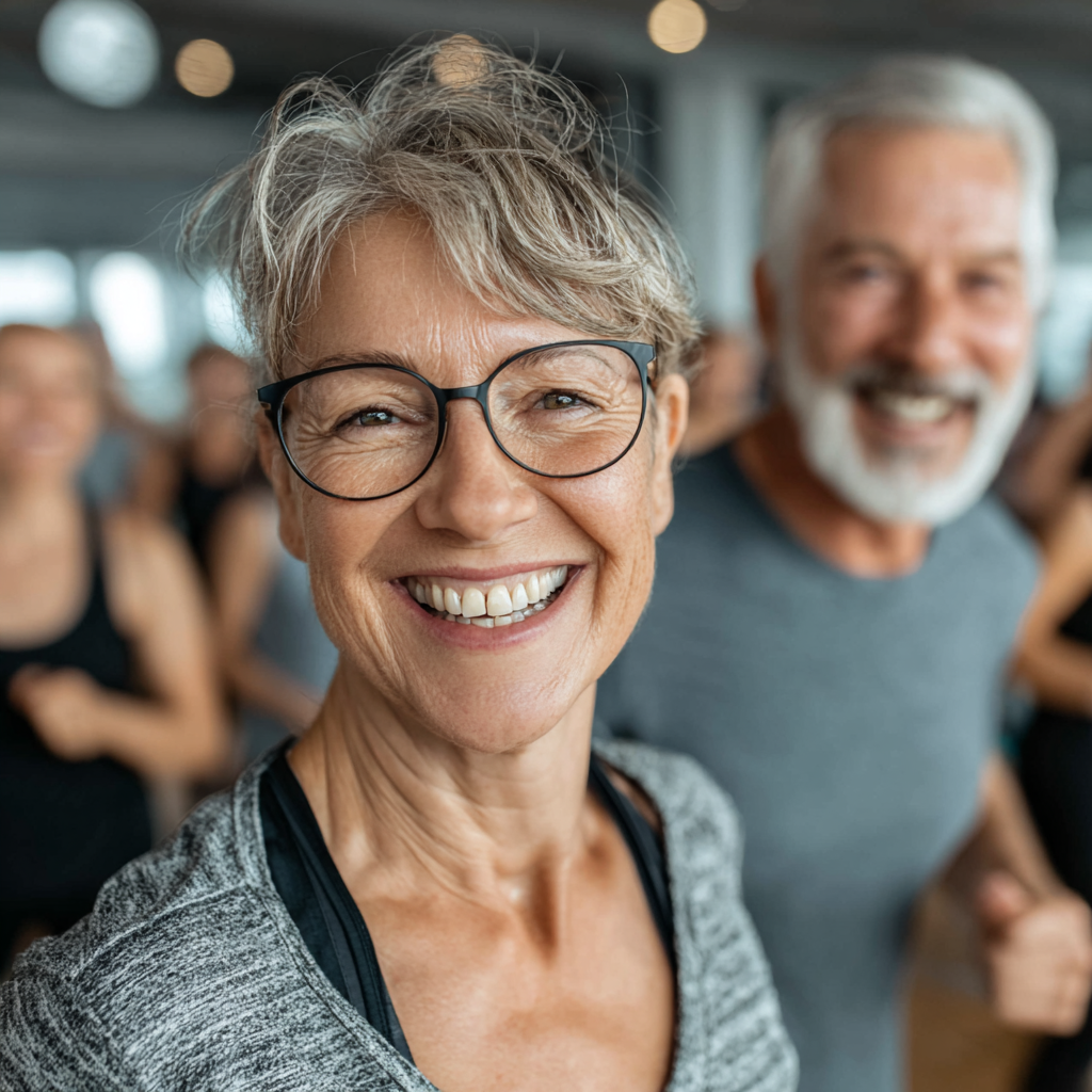 Група активних людей віком 50-60 років займається аеробікою в просторому фітнес-залі, всі посміхаються та демонструють гарний настрій під час тренування