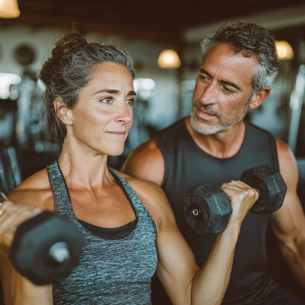 Досвідчений тренер 58 років працює з клієнткою 52 років, показуючи правильну техніку виконання вправи з гантелями в затишному фітнес-залі